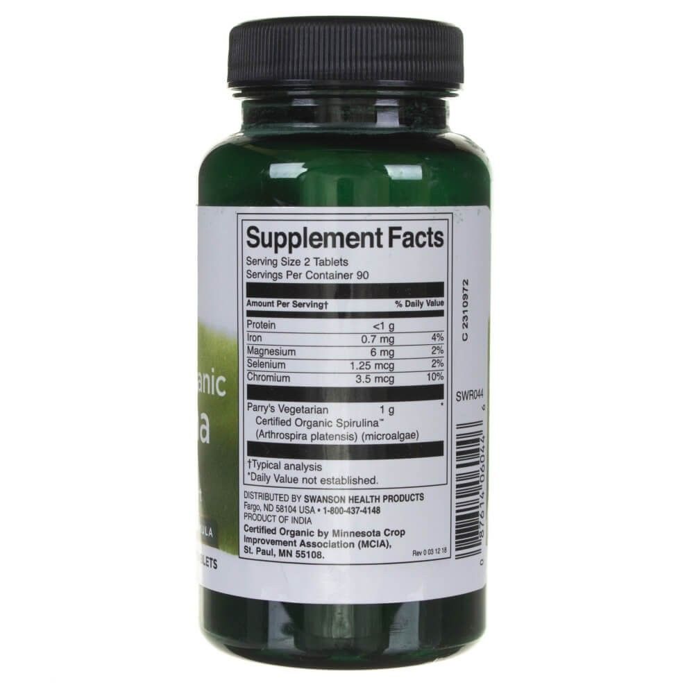 Rückseite einer Flasche Swanson Zertifiziertes Bio-Spirulina mit Nährwertangaben und Zertifizierungen.