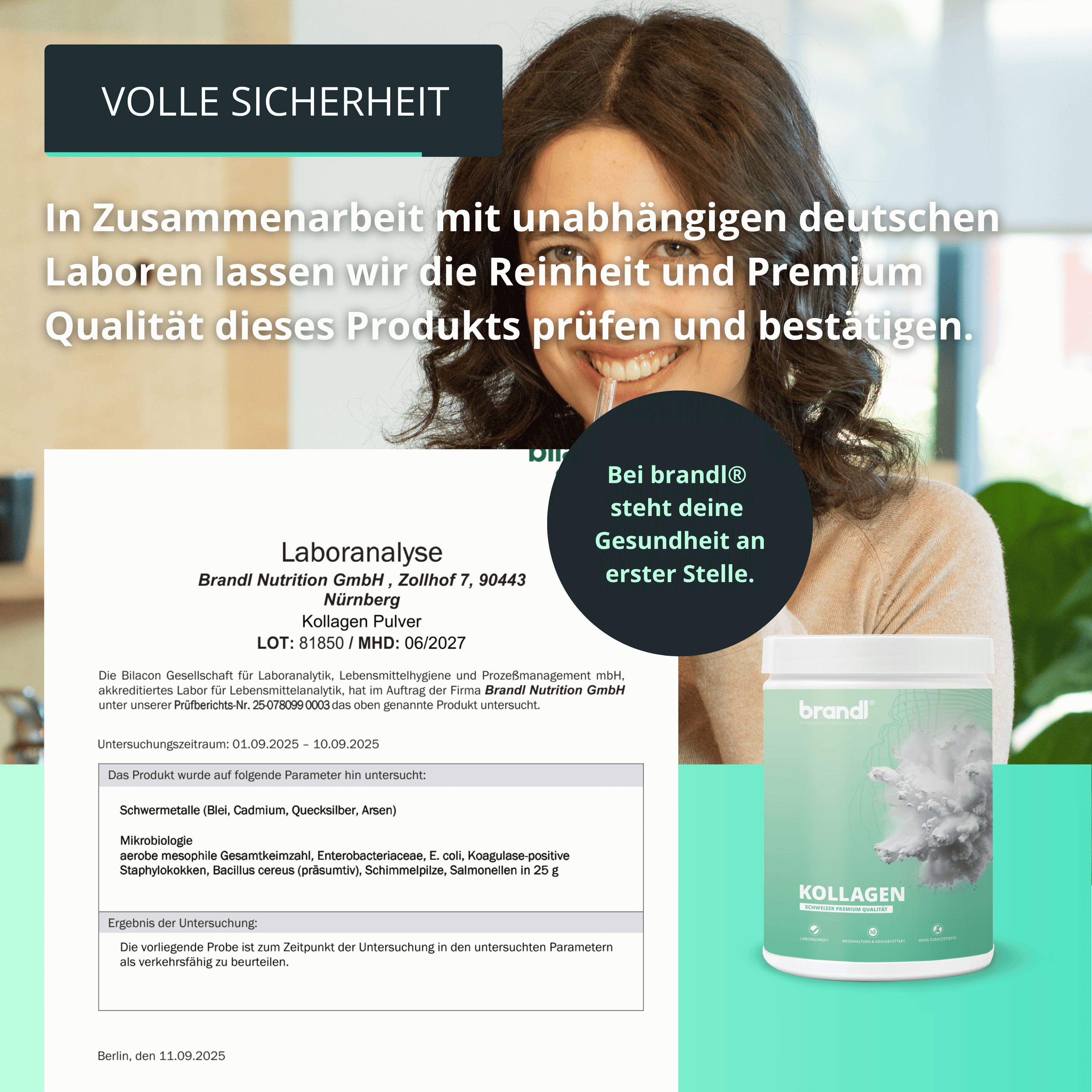 Laboranalyse mit Text. Daneben ein weißes Produktglas mit grünem Etikett. Text: brandl Kollagen. Vollständige Sicherheit. Gesundheit steht an erster Stelle.