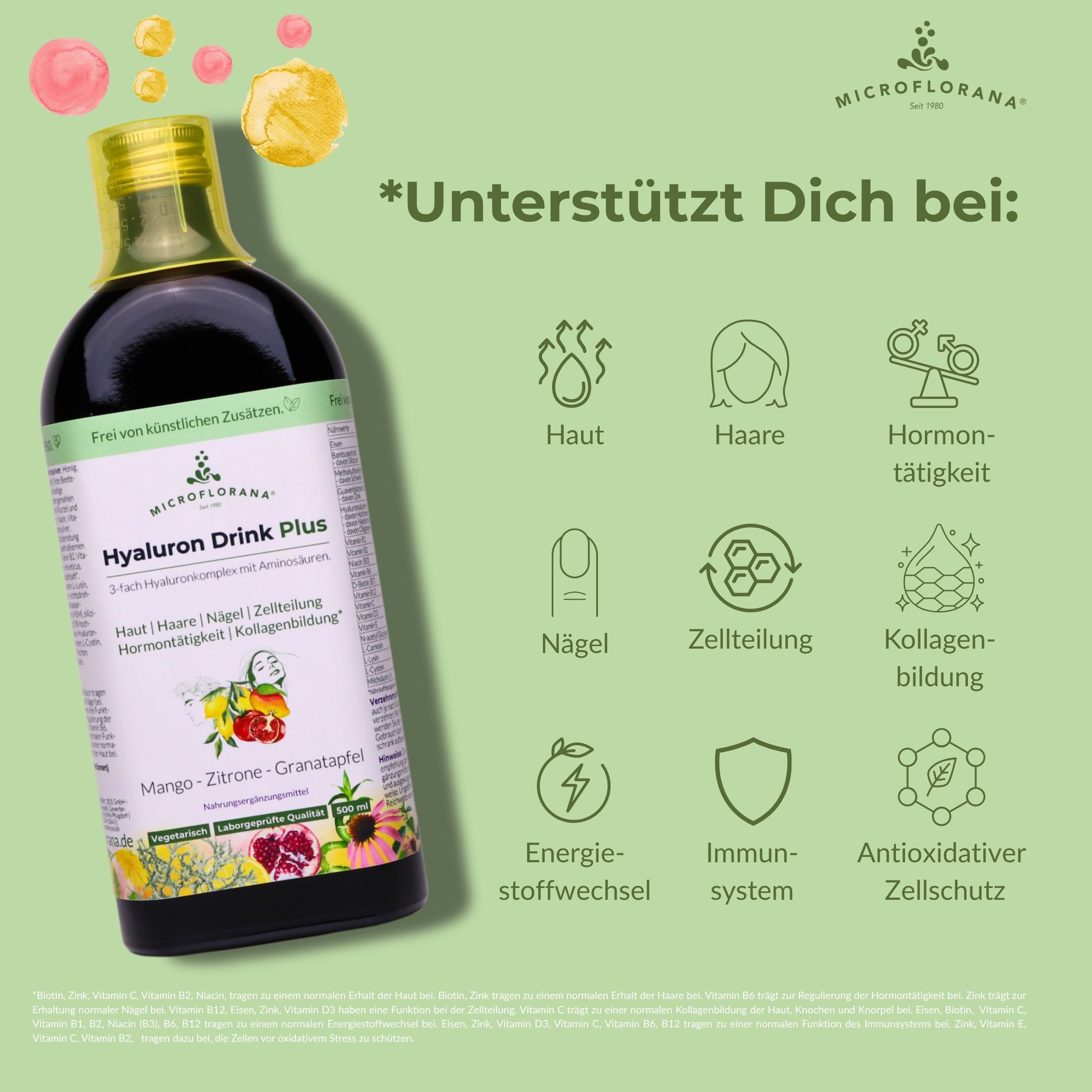 MICROFLORANA® Hyaluron Drink Plus Flasche mit Icons. Text: *Unterstützt Dich bei: Haut, Haare, Nägel, etc.