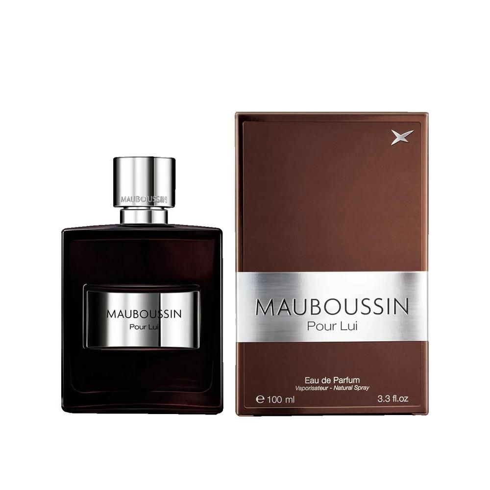 Schwarze Flasche von Mauboussin Pour Lui. Silbernes Etikett. Silberner Verschluss.