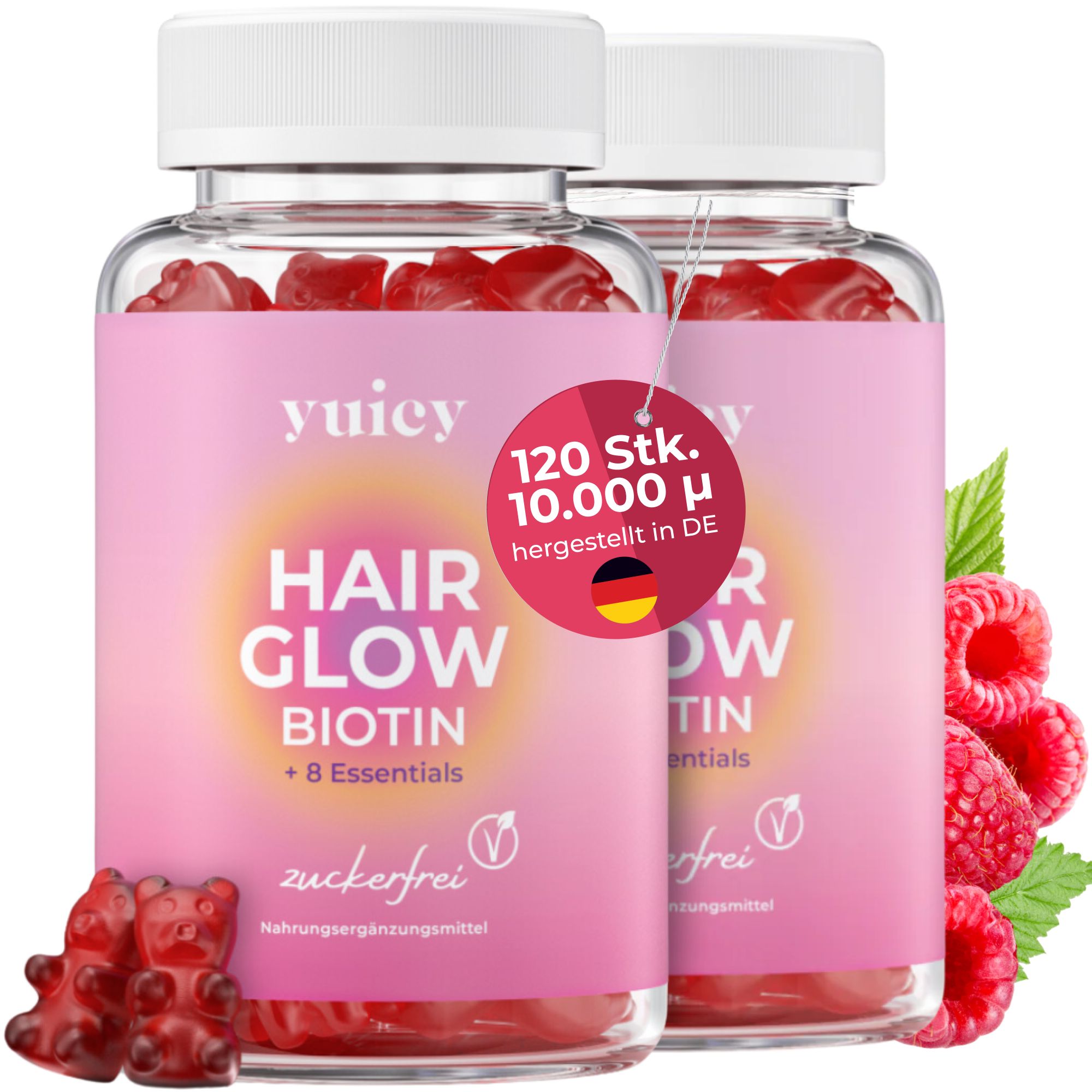 Zwei Flaschen yuicy® Hair Biotin Gummies. Rosa Etikett, rote Gummibärchen. 120 Stk. 10.000 µ hergestellt in DE.