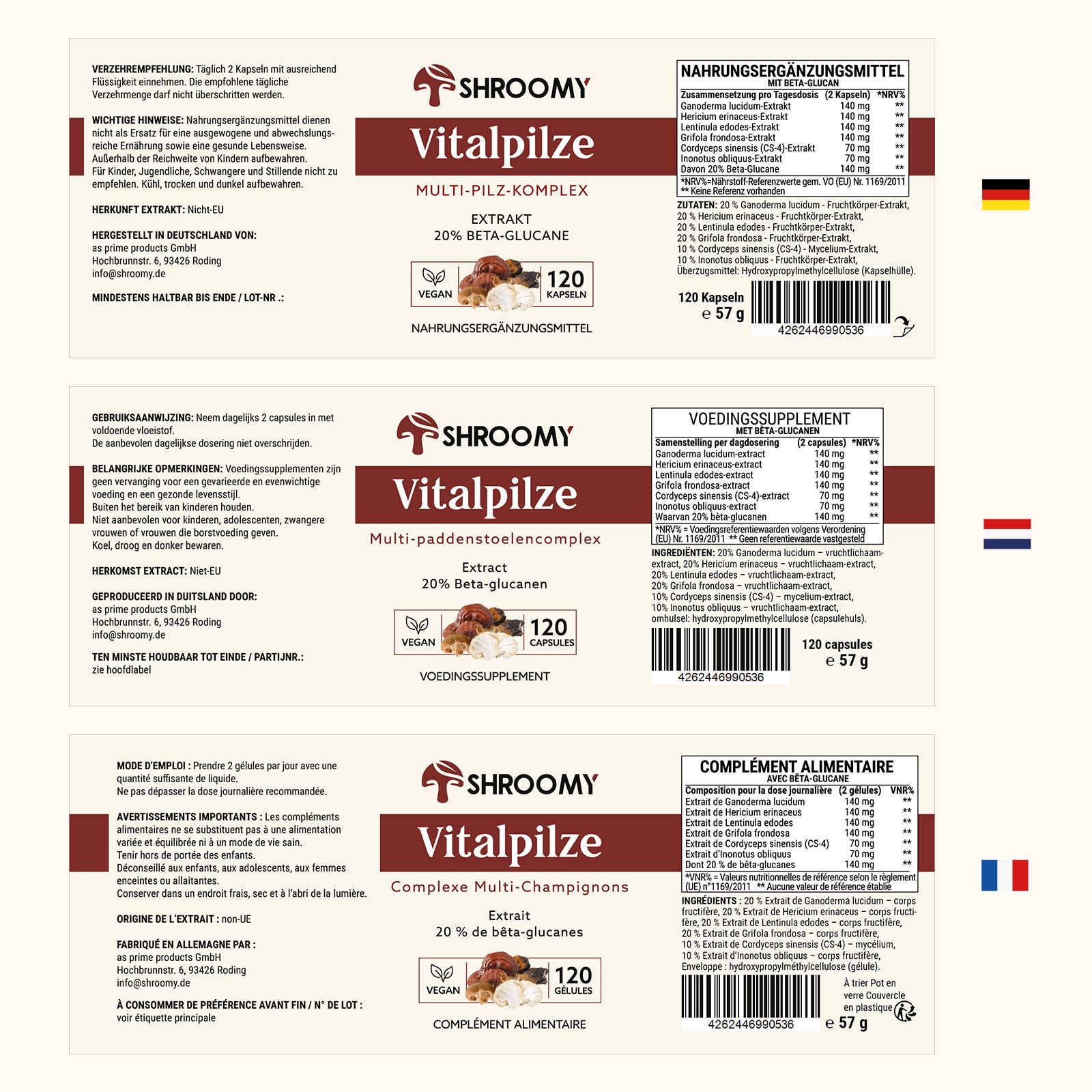 Drei Etiketten von SHROOMY Vitalpilze Kapseln in Deutsch, Niederländisch und Französisch. Enthält Informationen zu Inhaltsstoffen und Dosierung.