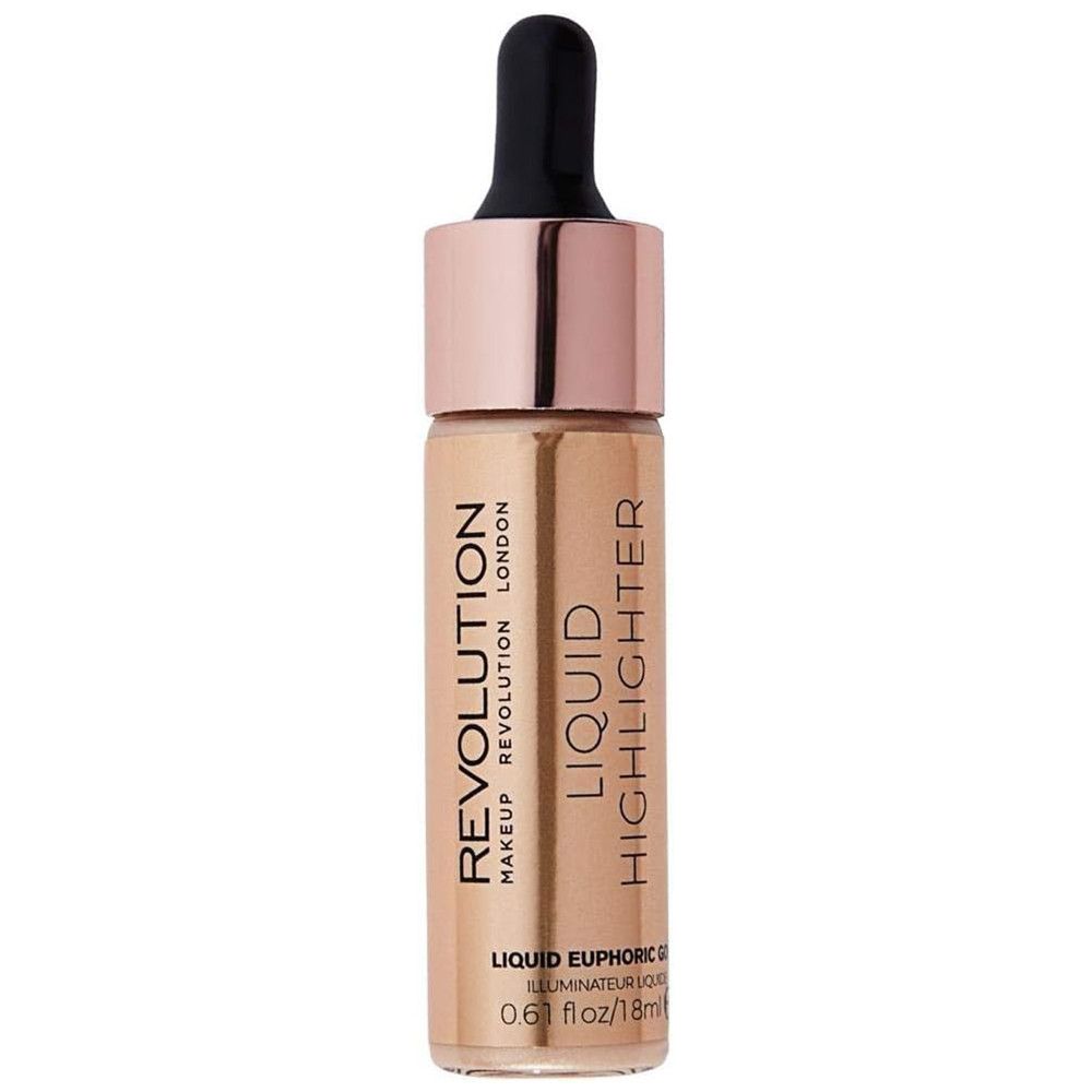 Flüssiger Highlighter in einer Glasflasche mit Pipette. Aufschrift: Revolution, Liquid Highlighter. Farbe: Gold.