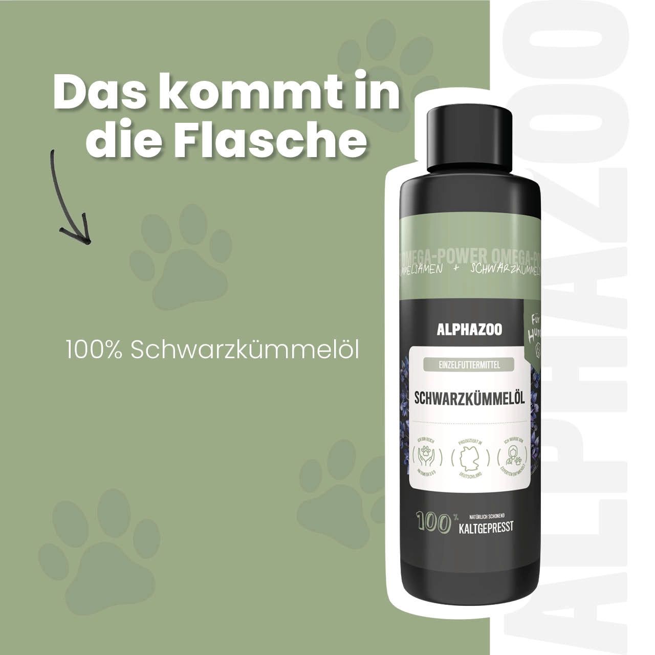 Flasche Schwarzkümmelöl, ALPHAZOO-Etikett. Text: 100% Schwarzkümmelöl. Pfoten-Symbole.