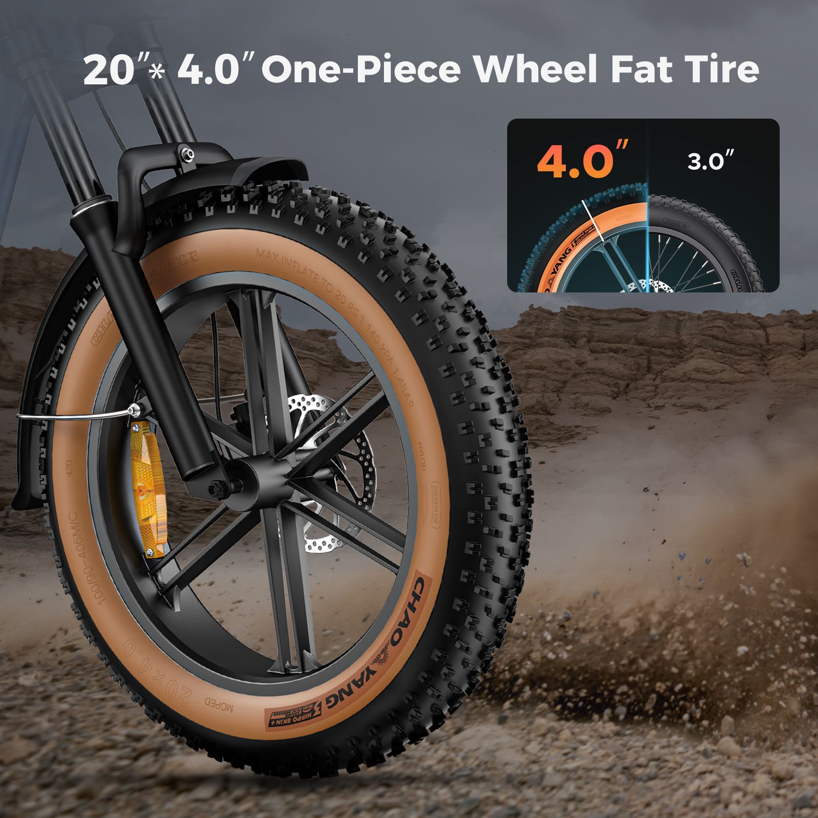 Nahaufnahme des Reifens. Text: 20*4.0 One-Piece Wheel Fat Tire. Reifenmarke: Chao Yang. Reifenbreite: 4.0 Zoll.