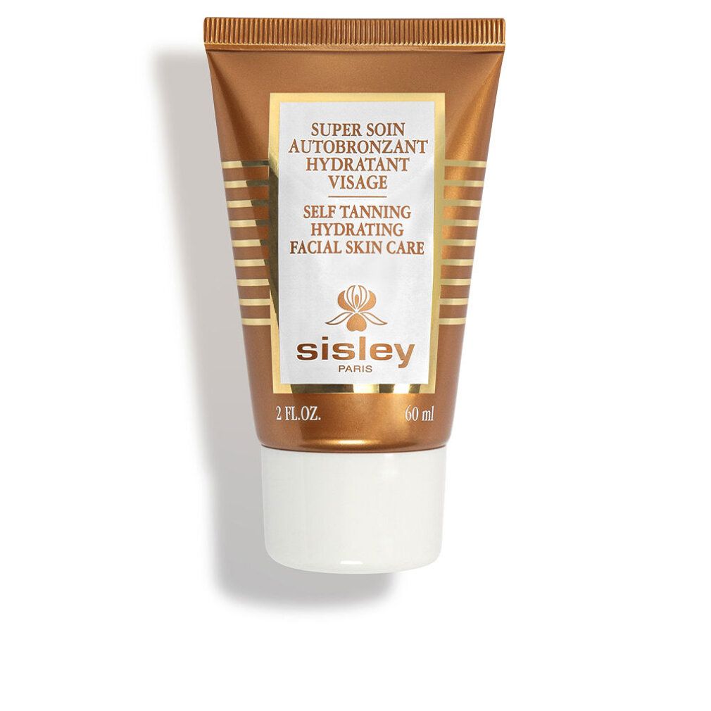 Braune Tube mit weißem Deckel. Aufschrift: Super Soin Autobronzant Hydratant Visage, Self Tanning Hydrating Facial Skin Care. Marke: Sisley.