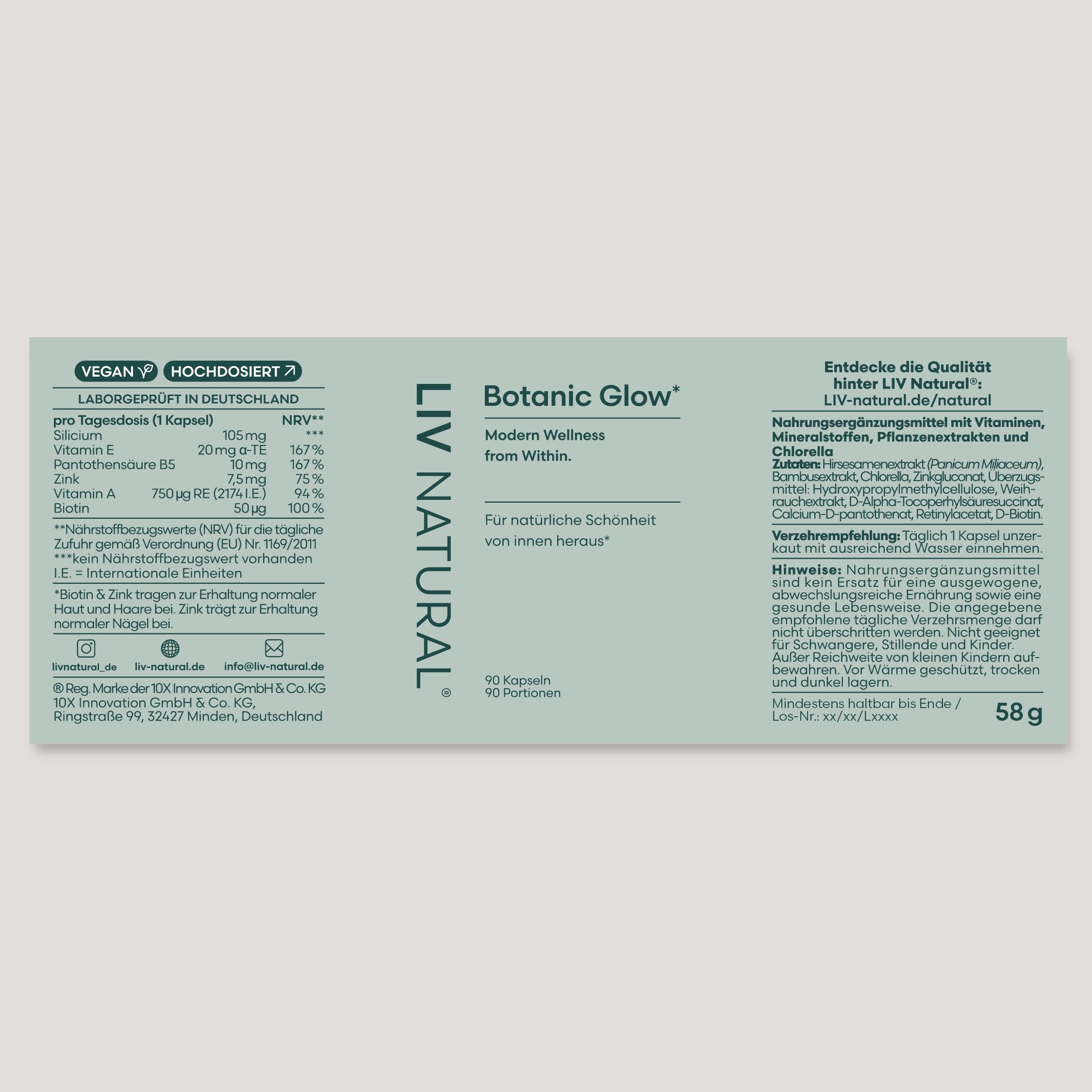 Produktverpackung mit Inhaltsangaben und Nährwertangaben. Aufschrift: LIV NATURAL, Botanic Glow, 90 Kapseln.