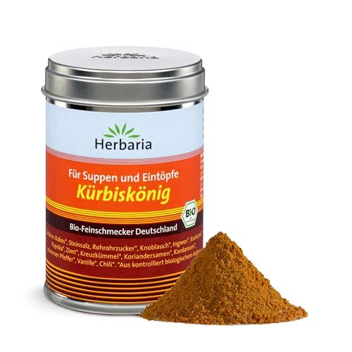 Herbaria Suppengewürz Kürbiskönig in Blechdose mit Gewürzprobe, Bio-Feinschmecker Deutschland.