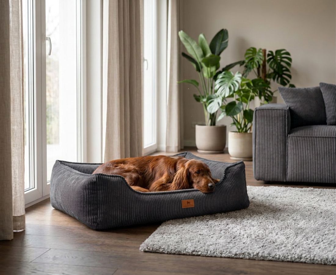 Graues Hundebett aus Cord in einem Wohnzimmer. Ein Hund liegt darin.