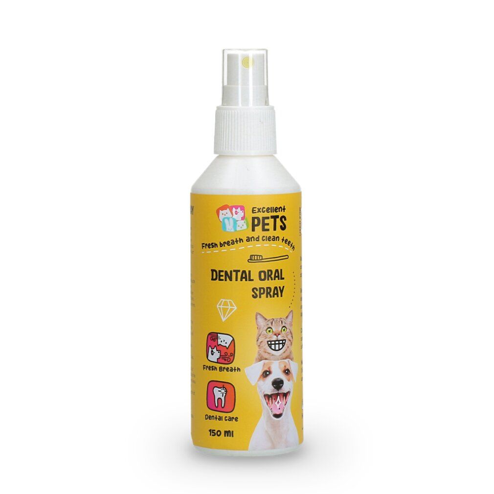 Gelbes Sprayfläschchen mit Sprühkopf. Aufschrift: Dental Oral Spray. Logo mit Tierabbildung. 150 ml.