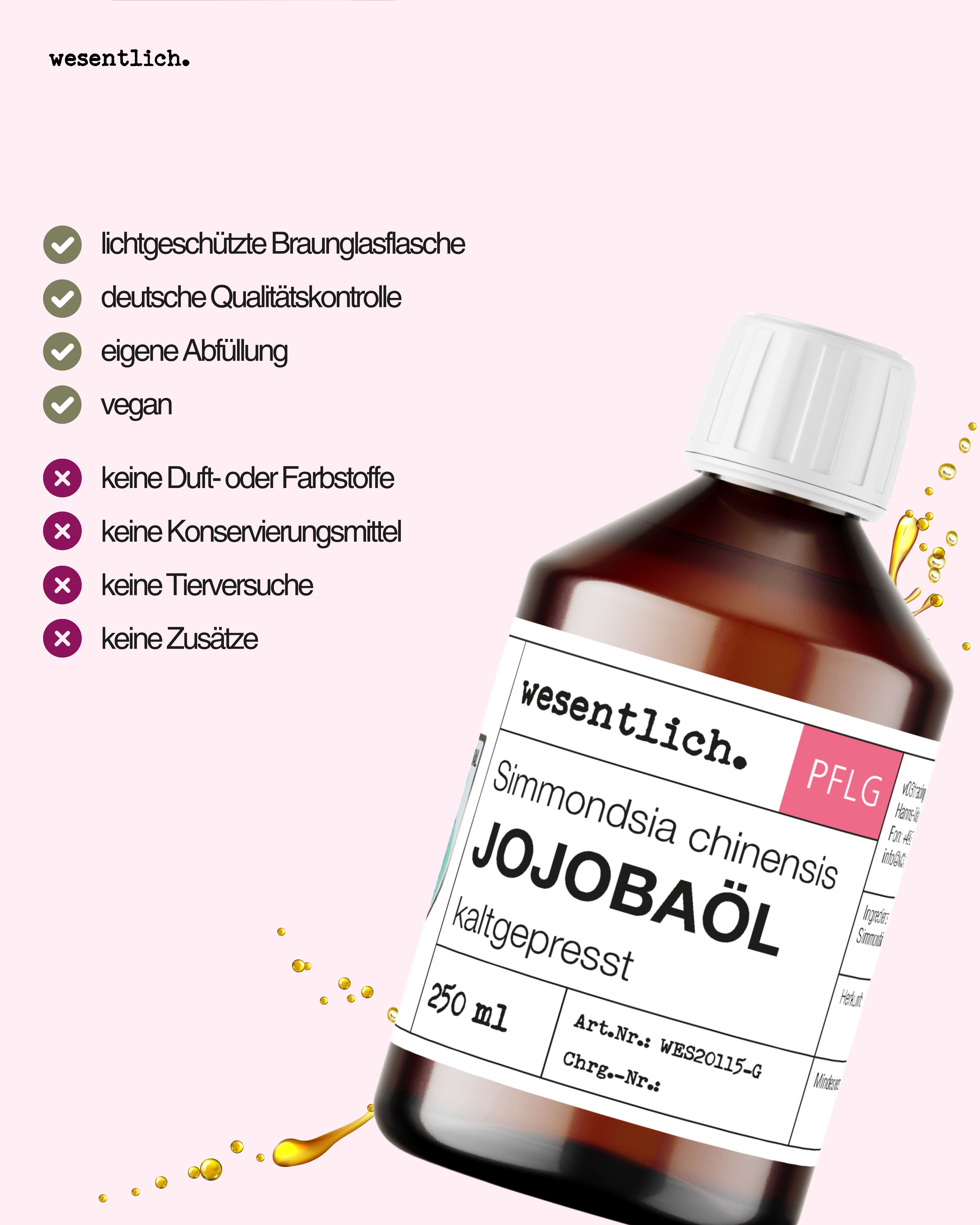 Flasche Jojobaöl mit Etikett, umgeben von Icons, die Vorteile wie Lichtschutz, vegan und keine Zusätze hervorheben.