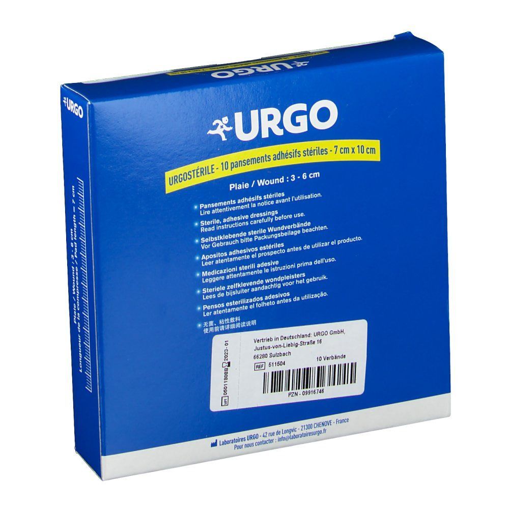 Blauer Karton mit Urgosterile-Verpackung. Enthält 10 sterile Pflaster, 7 cm x 10 cm. Text in Deutsch, Französisch, Italienisch und Niederländisch.
