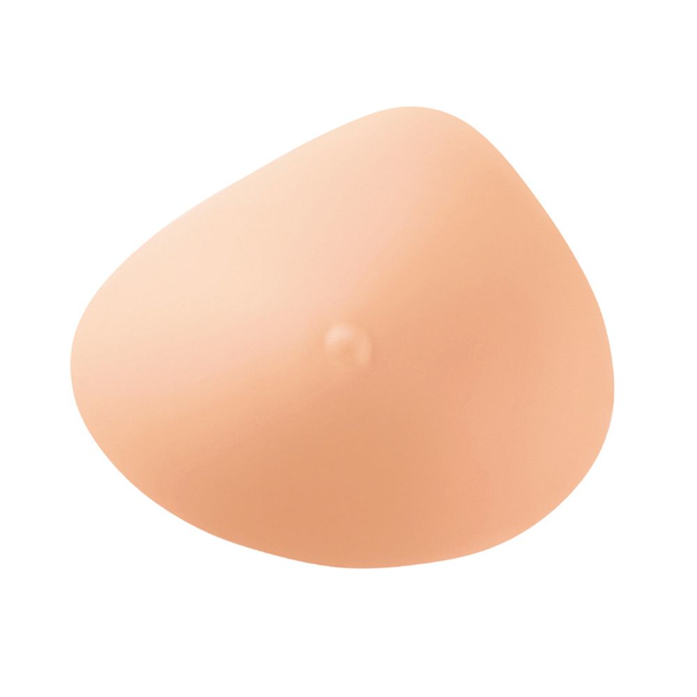 Brustprothese, beige, mit einer kleinen Erhebung in der Mitte. Tropfenförmig.