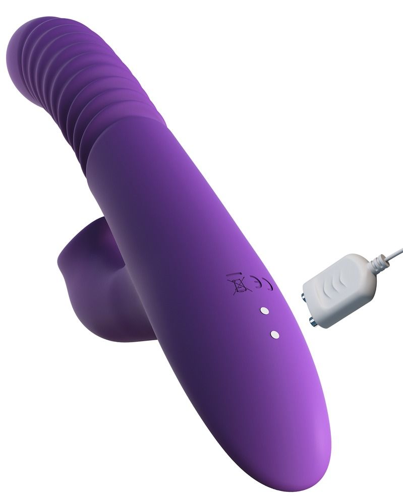 Lila Stimulator mit Ladegerät. Enthält einen Stimulator und ein weißes Ladegerät.