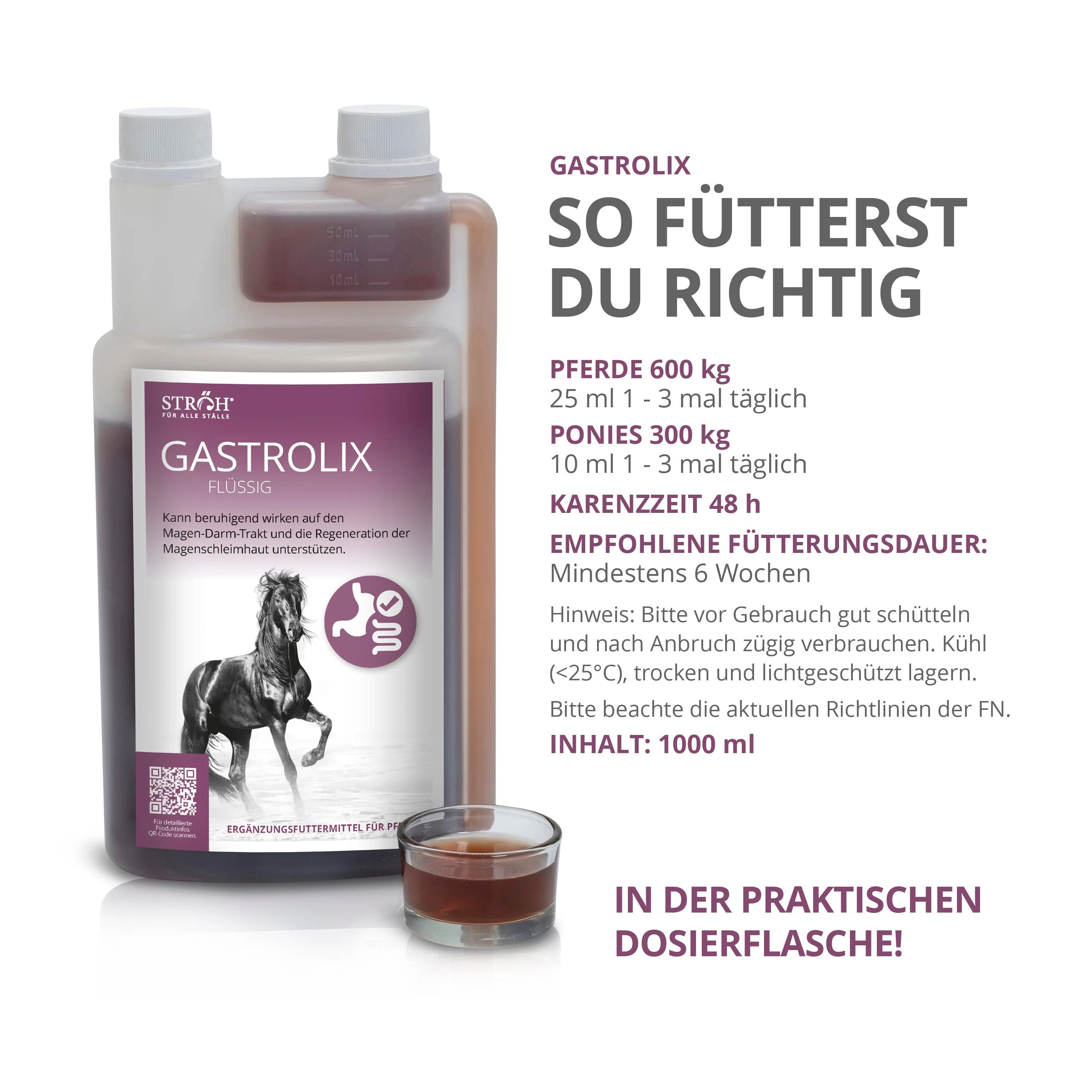 Produktflasche mit GASTROLIX und Dosierbecher. Text: So fütterst du richtig. Braune Flüssigkeit.