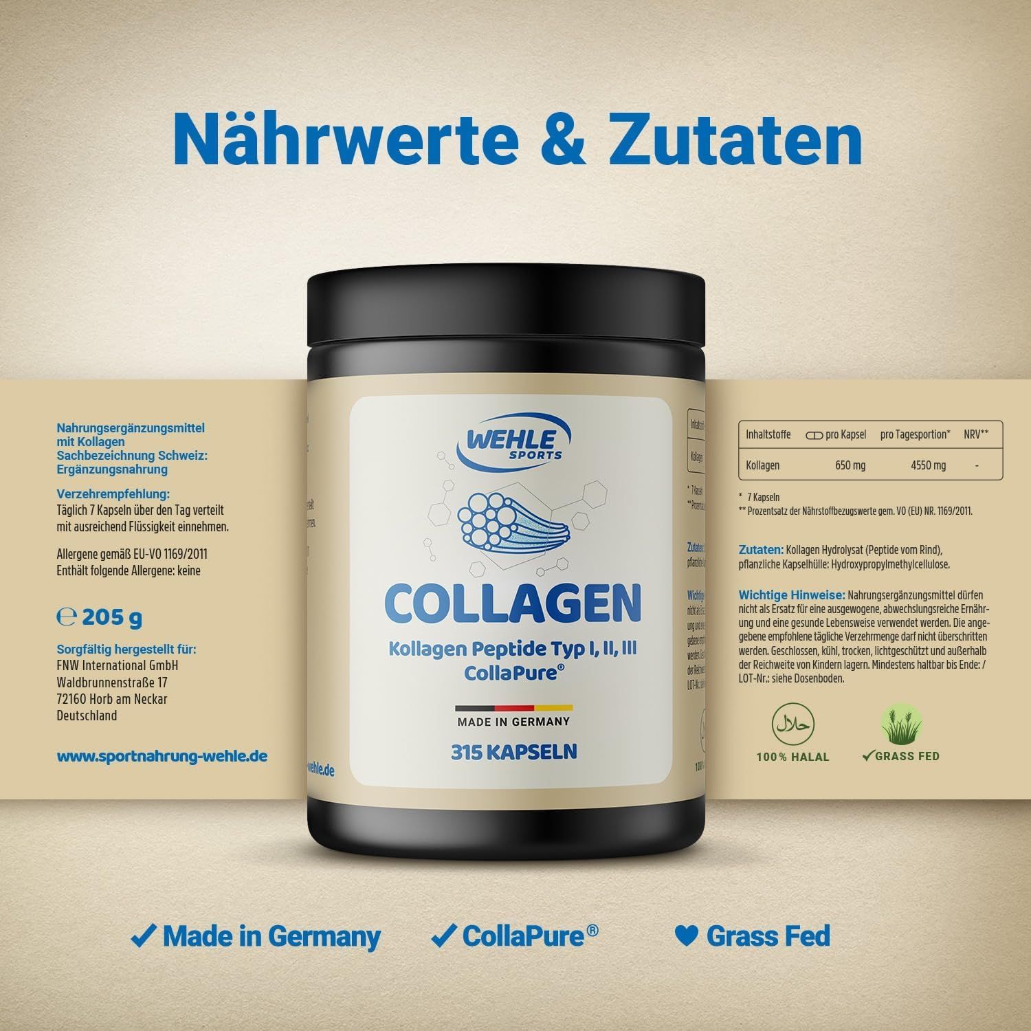 Schwarze Dose mit weißem Etikett. Aufschrift: COLLAGEN, Kollagen Peptide Typ I, II, III, CollaPure. 315 Kapseln. Wehle Sports. Made in Germany.