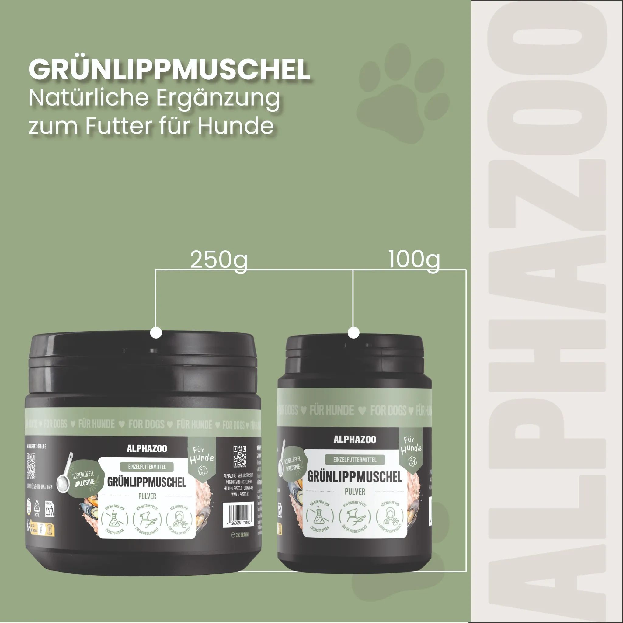 Zwei Alphazoo Grünlippmuschel Pulver Dosen (250g und 100g) nebeneinander.