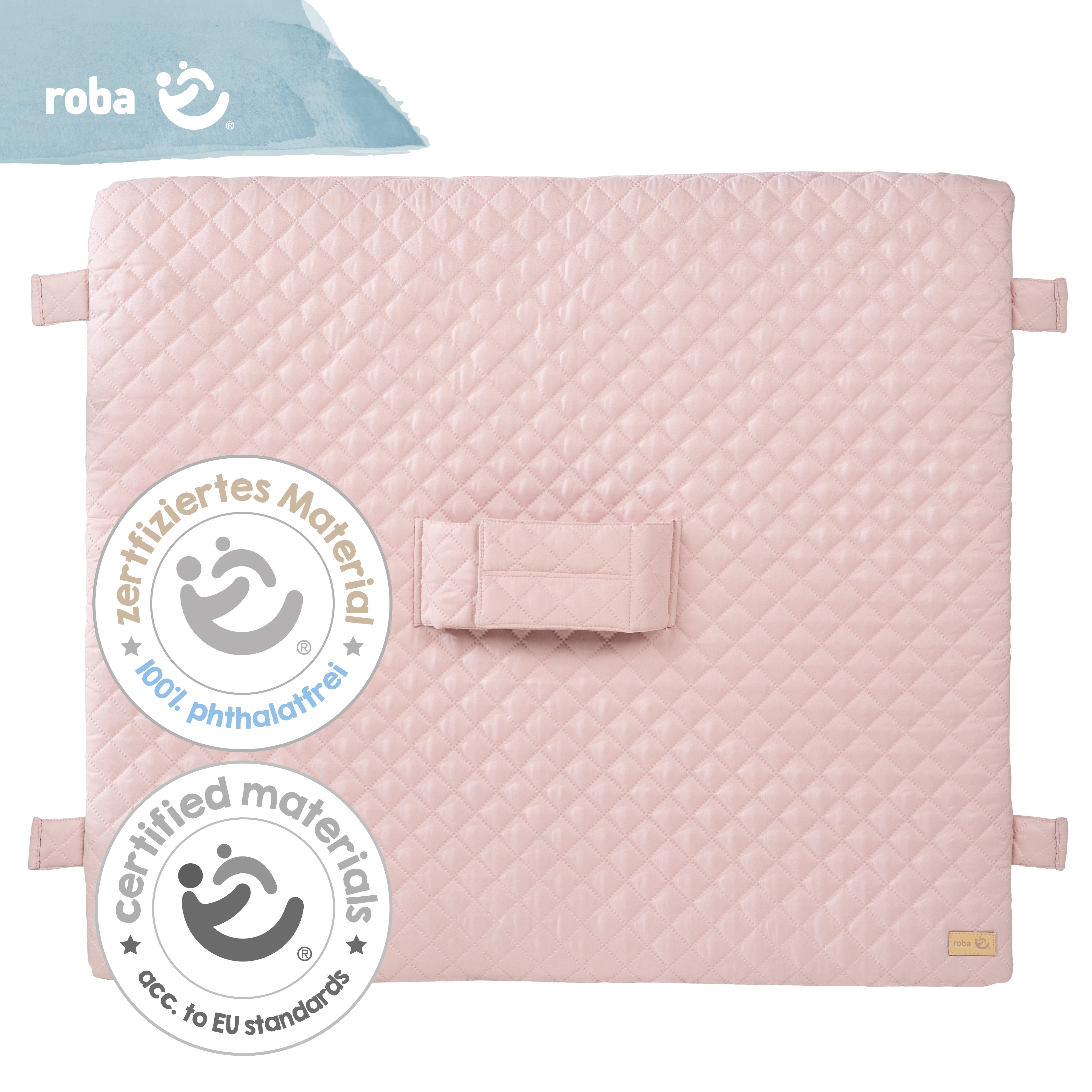 Rosa Wickelauflage mit Steppung. Zertifizierungen: phthalatfrei, acc. to EU standards. Logo "roba".
