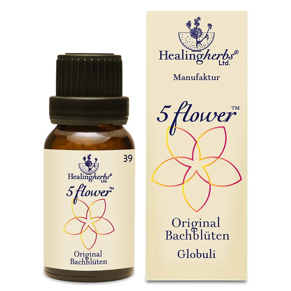 Braune Glasflasche mit schwarzem Deckel und Etikett. Daneben eine rechteckige Verpackung. Auf beiden steht "5 flower" und "Original Bachblüten Globuli".