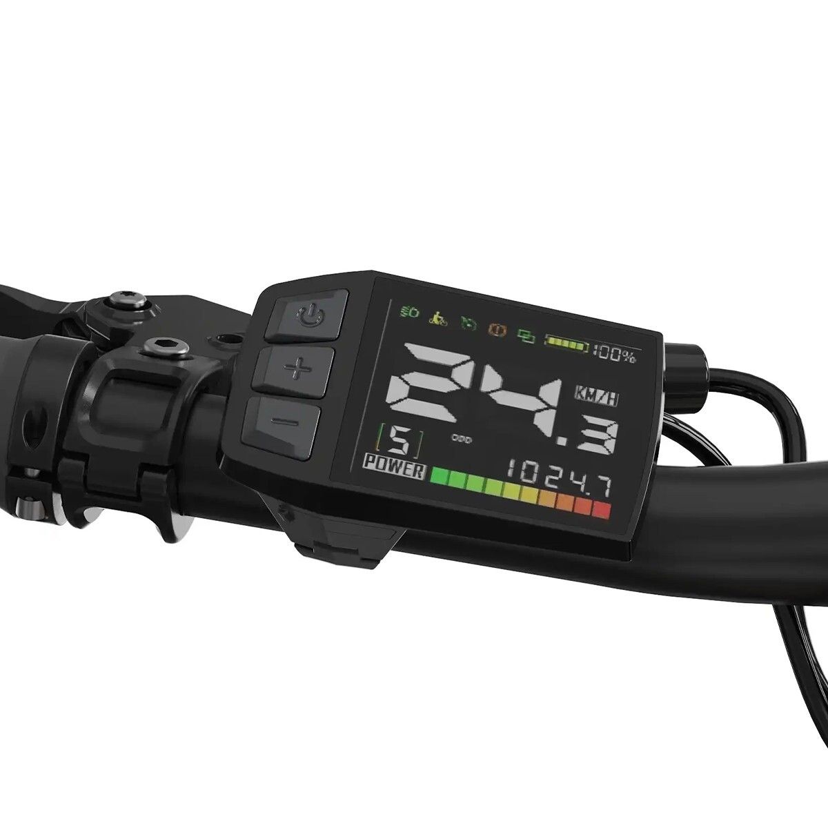 Digitales Display am Lenker. Zeigt Geschwindigkeit, Akkustand und weitere Informationen an. Schwarzer Rahmen.