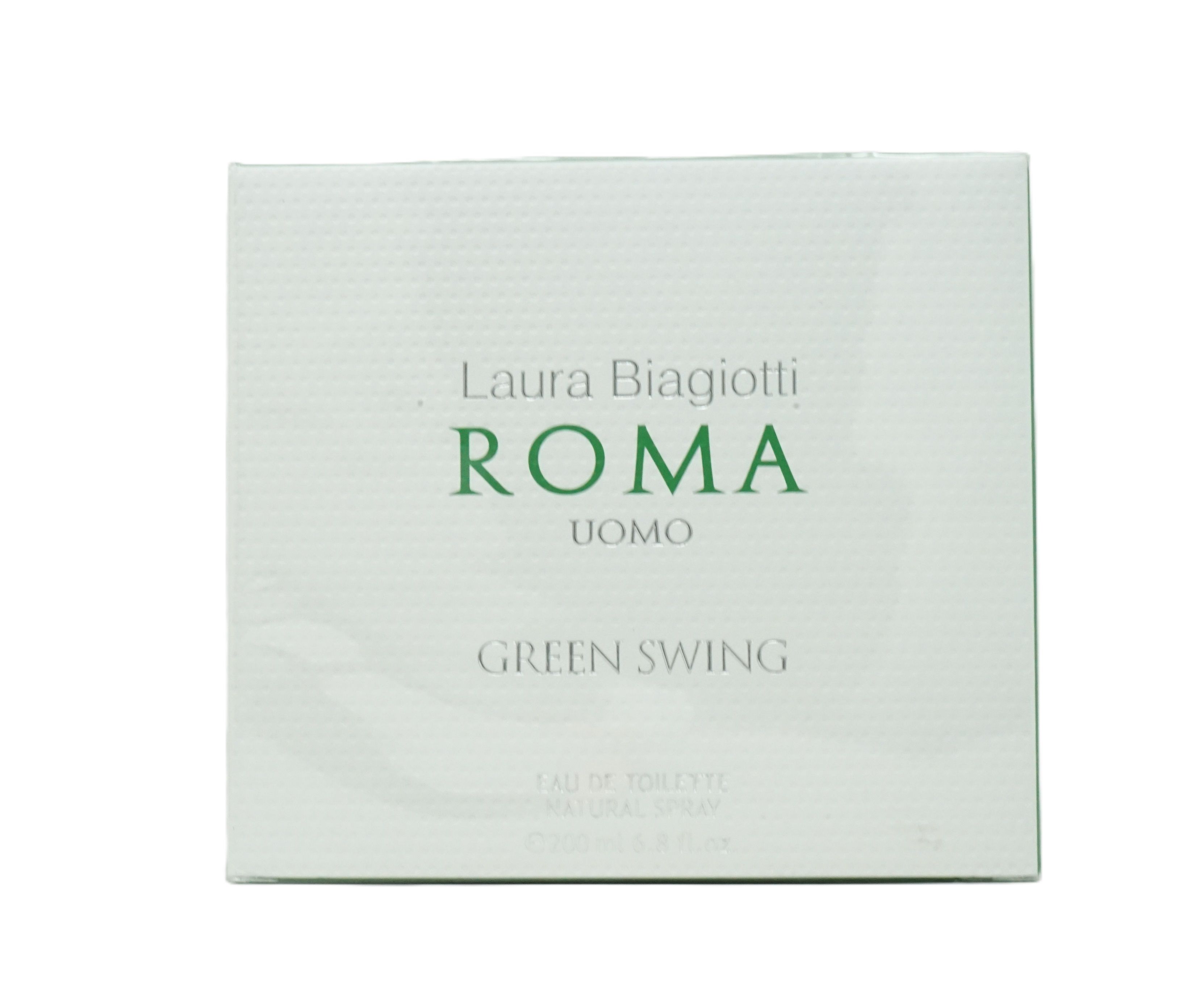 Weiße Verpackung mit grünem Text. "Laura Biagiotti ROMA UOMO GREEN SWING" steht darauf. Eau de Toilette.