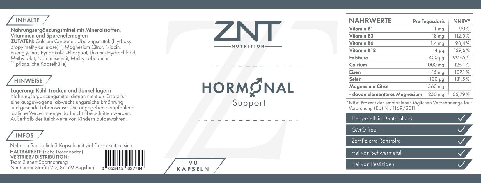 Etikett mit ZNT-Logo und "Hormonal Support". Enthält Nährwertangaben und Inhaltsstoffe. 90 Kapseln.