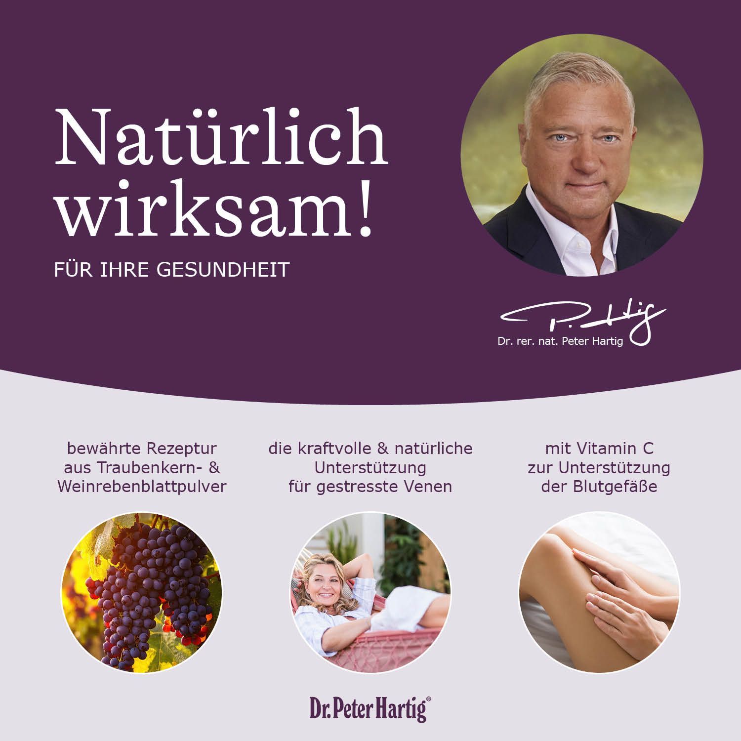 Infografik mit Text: "Unsere Verzehrempfehlung". Zwei Kapseln. Nährstofftabelle mit Vitamin C, Magnesium, Folsäure, Niacin.