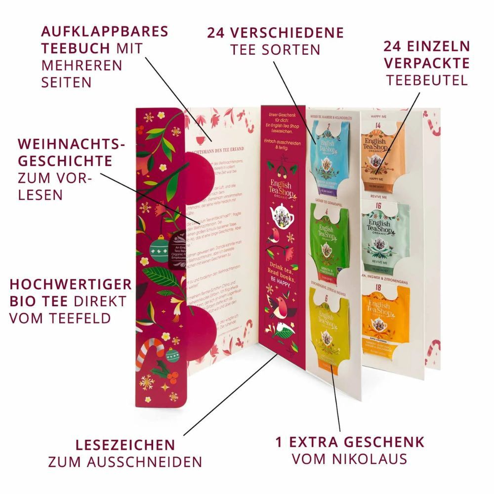 Aufklappbares Tee-Buch mit 24 Teebeuteln. Enthält Weihnachtsgeschichte, Lesezeichen und ein Geschenk. BIO-Tee.