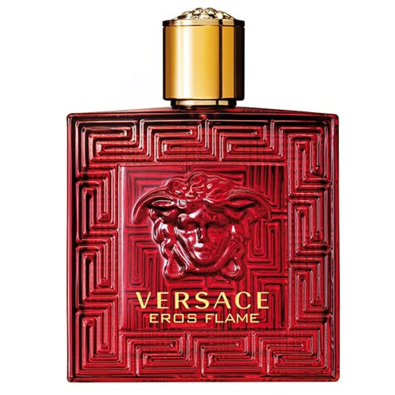 Rote Flasche mit goldenem Verschluss. Aufschrift: VERSACE EROS FLAME. Medusa-Logo.