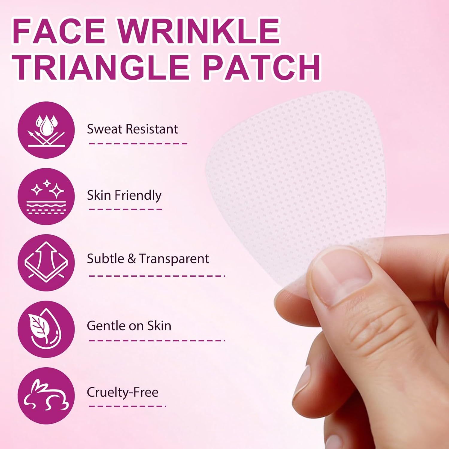 Ein einzelner, weißer, dreieckiger Patch wird von einer Hand gehalten. Text: Face Wrinkle Triangle Patch. Schweißresistent, hautfreundlich.