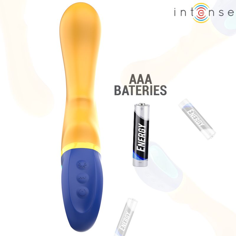 Gelb-blauer Vibrator mit AAA-Batterien. Marke Intense.