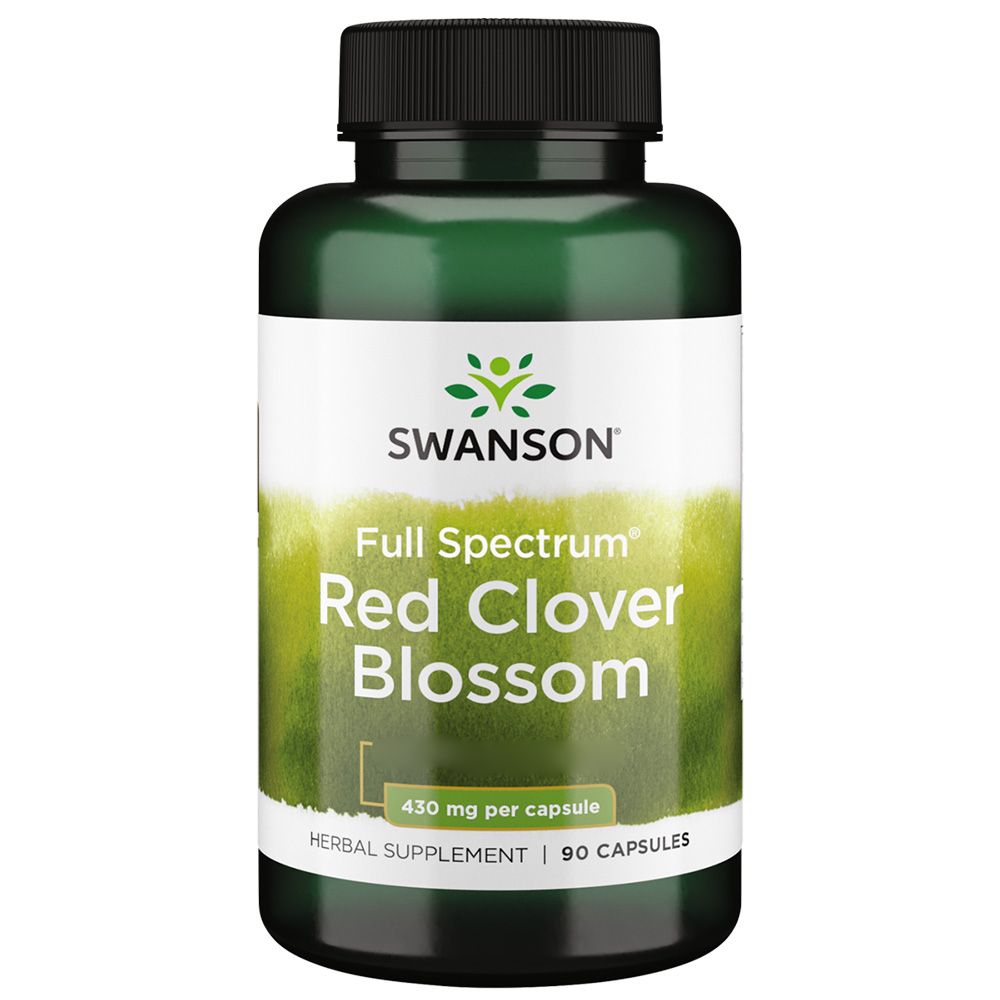 Grüne Flasche mit schwarzem Deckel. Aufschrift: SWANSON, Red Clover Blossom, 430 mg pro Kapsel. Kräuterergänzungsmittel, 90 Kapseln.