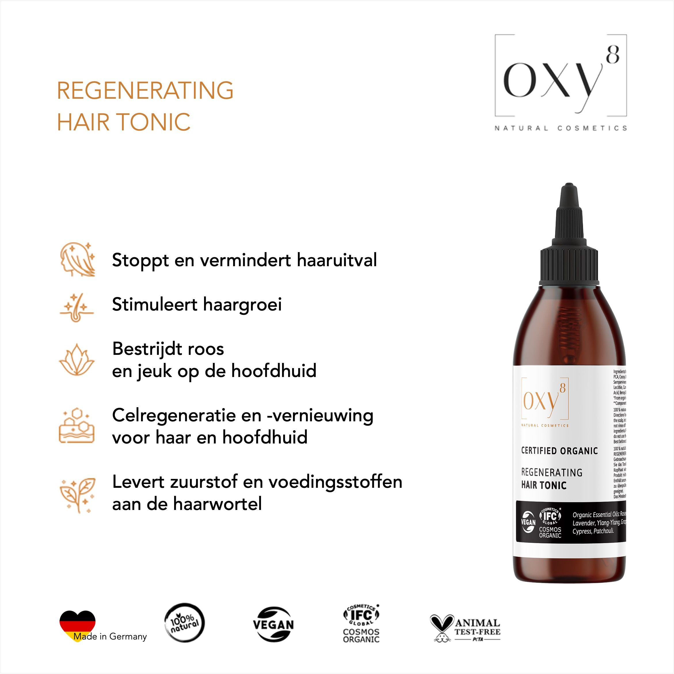 Productfles met tekst: Regenerating Hair Tonic. Voordelen. Vegan, IFC Cosmos Organic, Made in Germany.