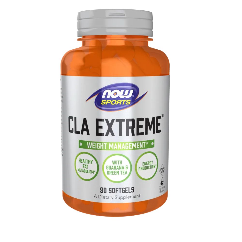 Orangefarbene Flasche mit weißem Deckel. Aufschrift: NOW SPORTS CLA EXTREME, 90 Softgels. Grün gekennzeichnet: Healthy Fat Metabolism, Energy Production.