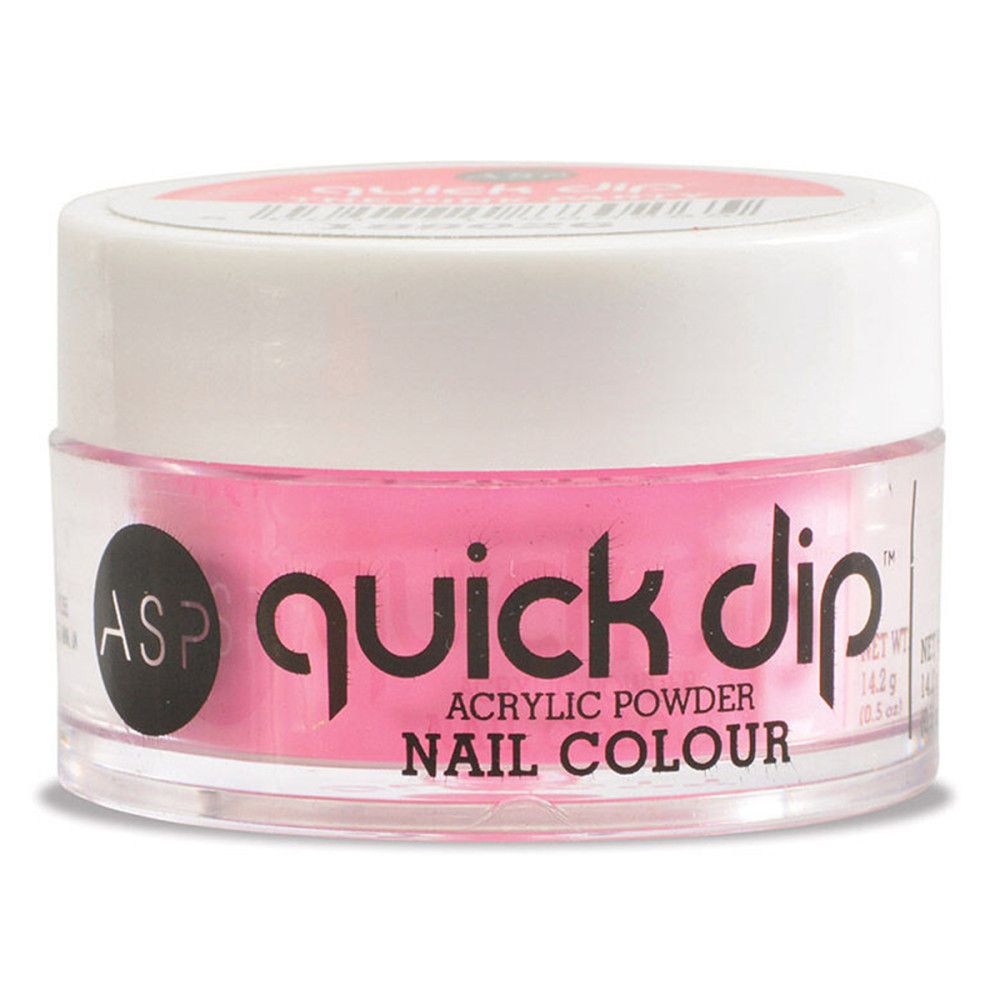 Runde Dose mit rosa Acrylpulver. Aufschrift "quick dip" und "NAIL COLOUR". Marke ASP.