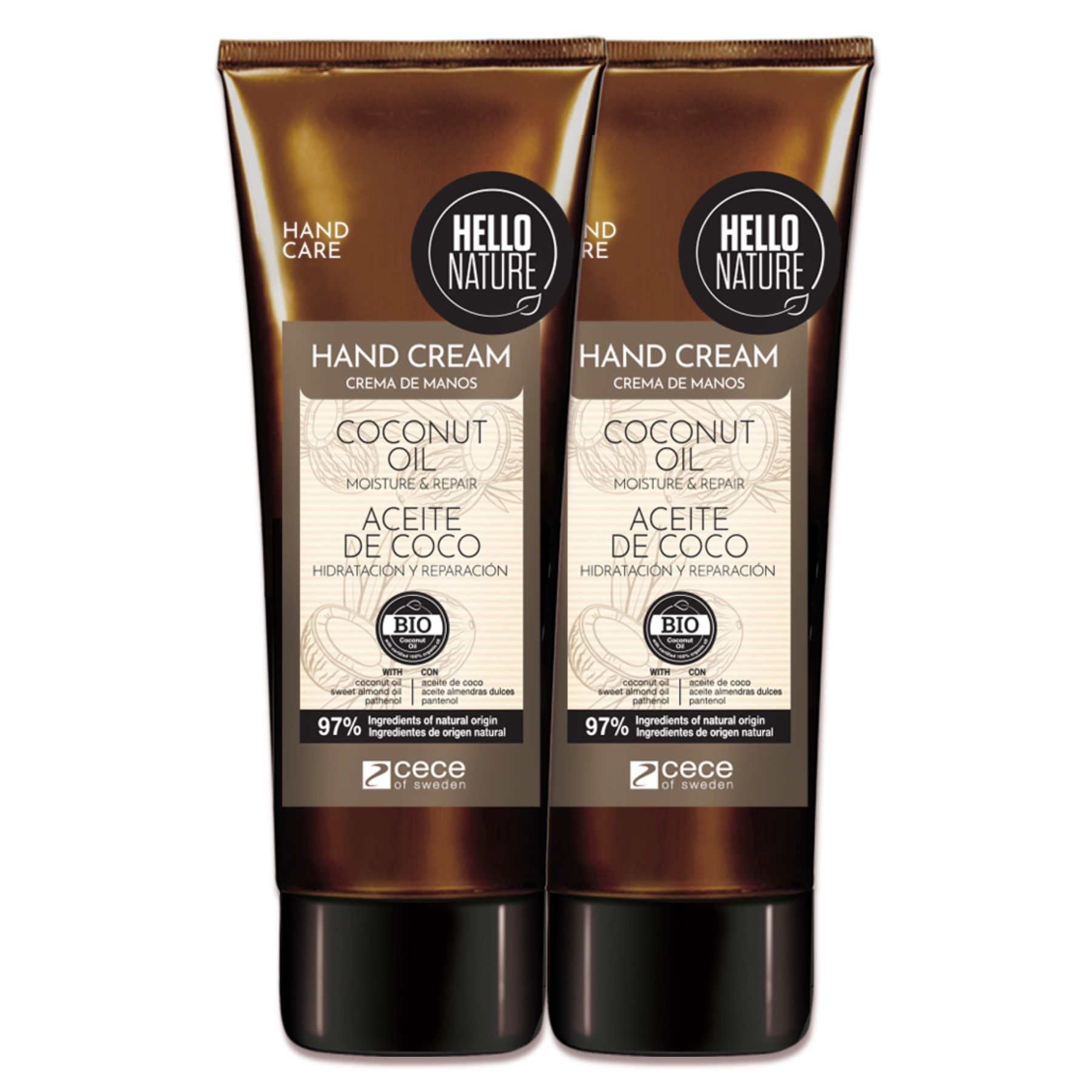 Zwei Handcreme-Tuben mit Kokosöl. BIO-Zertifizierung. Braune Tuben mit schwarzem Deckel. Text: Hand Cream, Coconut Oil, Hello Nature, 97%.