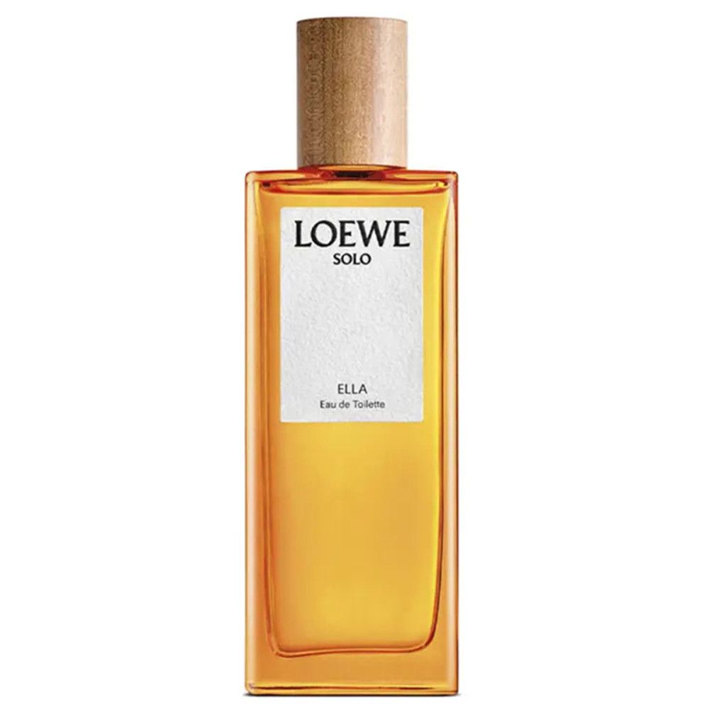 Loewe Solo Ella Eau de Toilette Spray. Rechteckiger Flakon mit Holzverschluss. Aufdruck: Loewe Solo Ella.