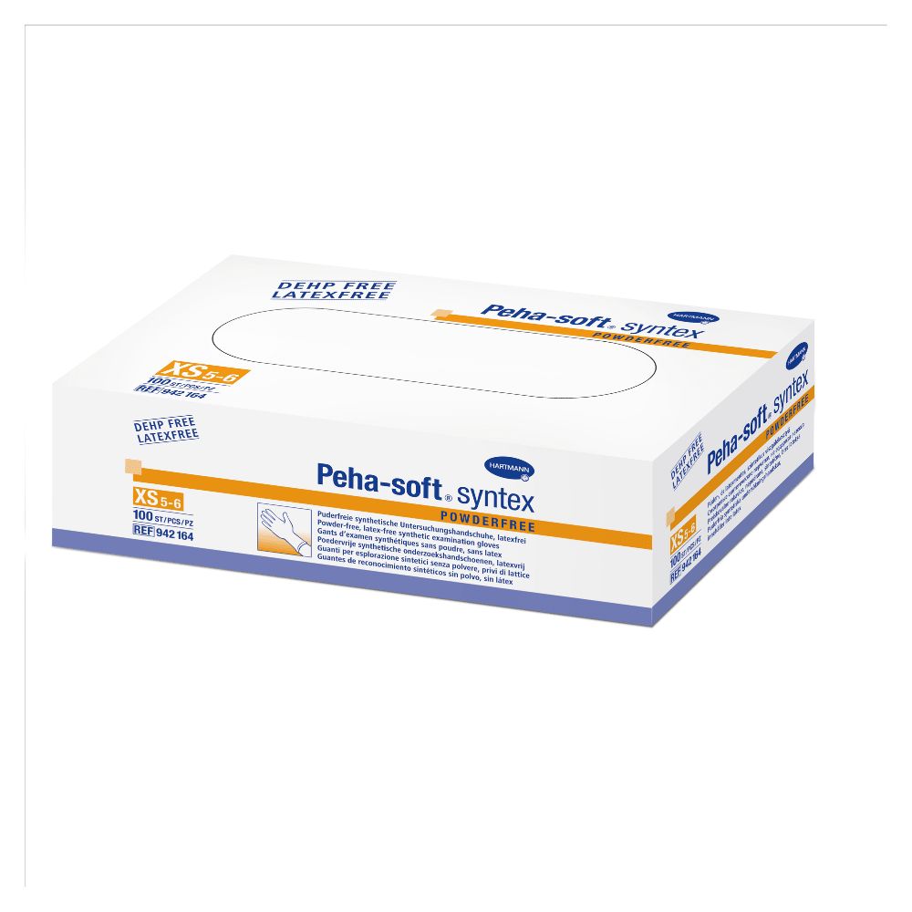 Weiße Verpackung mit blauer und gelber Schrift. Aufschrift: Peha-soft syntex, puderfrei, DEHP-frei, latexfrei. Enthält 100 Handschuhe, Größe XS.