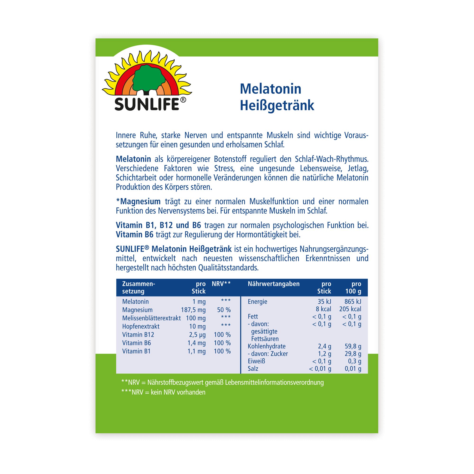 Seite der SUNLIFE® Melatonin Heißgetränk Verpackung. Informationen zu Inhaltsstoffen und Nährwerten. SUNLIFE® Logo.