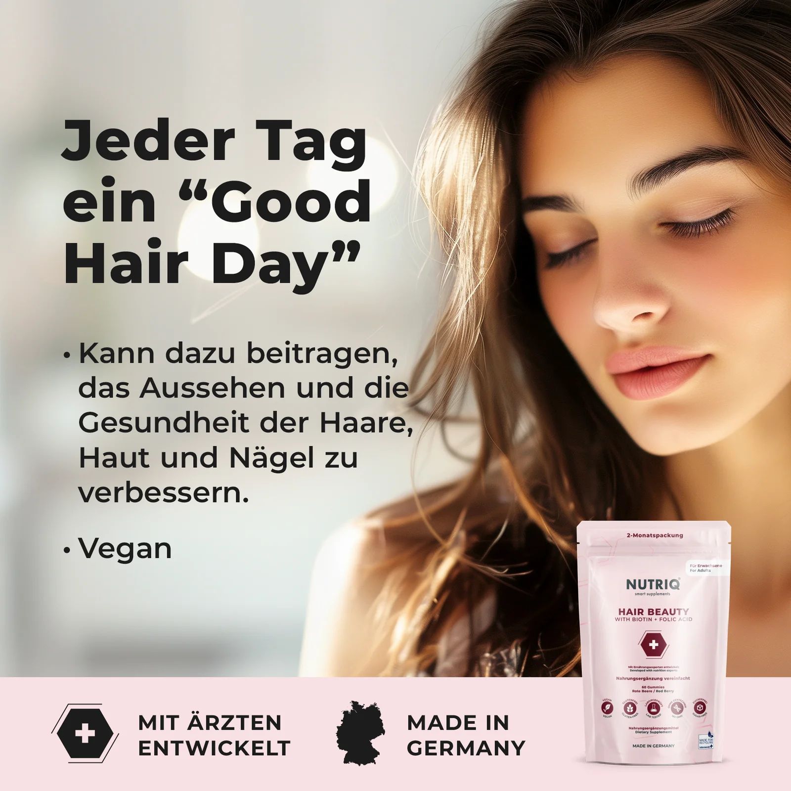 Nutriq Hair Beauty Dose mit Informationen zu veganer Herkunft und ärztlicher Entwicklung.