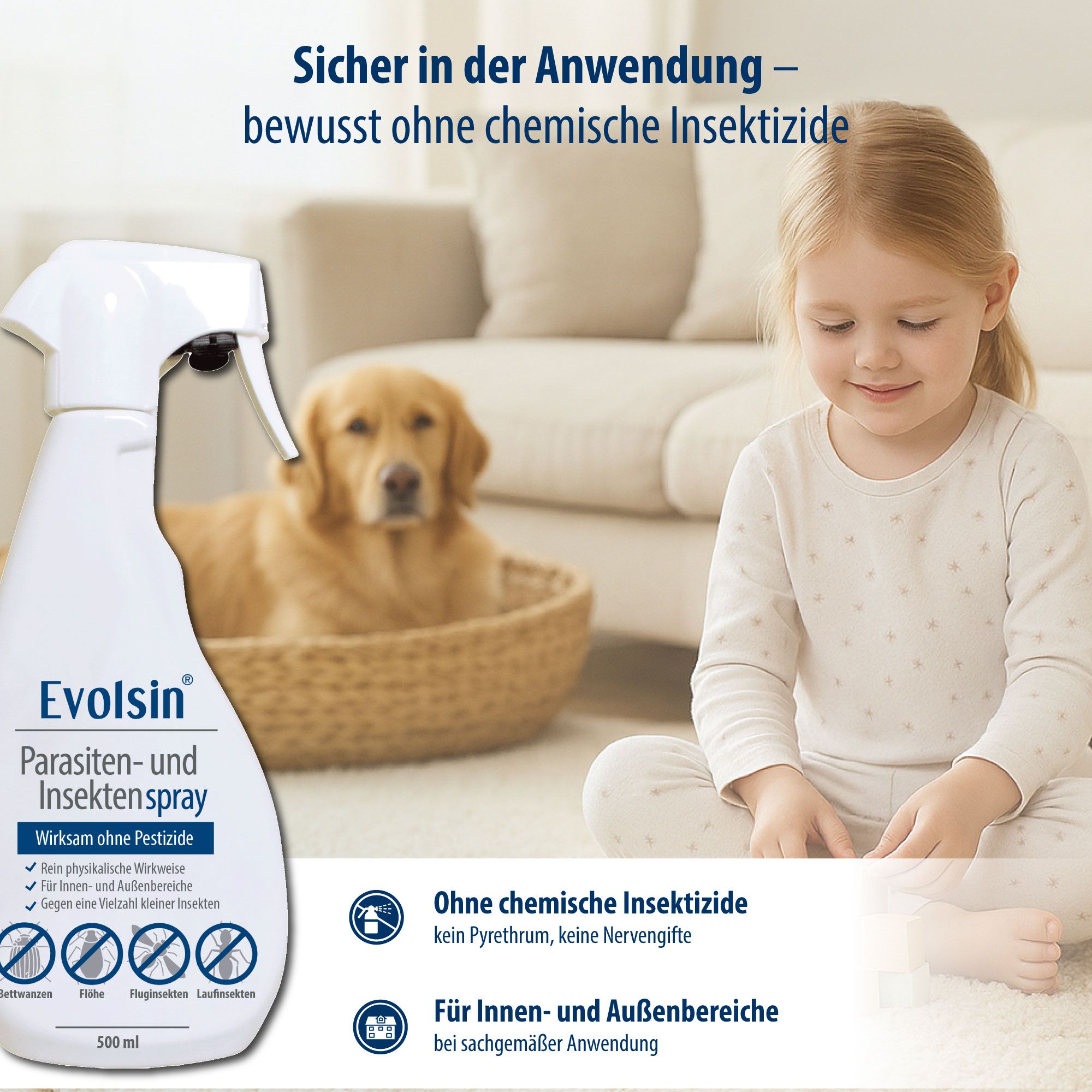 Evolsin® Parasiten- und Insektenspray und Kind mit Hund. Text: Sicher in der Anwendung – bewusst ohne chemische Insektizide. 500 ml.