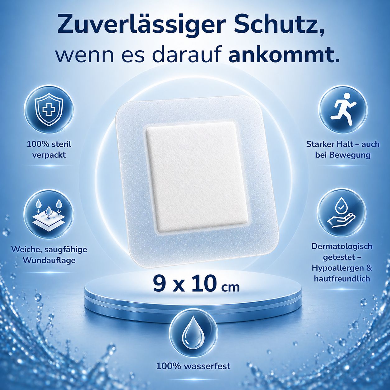 Steriles 9x10 cm Wundpflaster: 100% wasserfest, starker Halt, dermatologisch getestet.