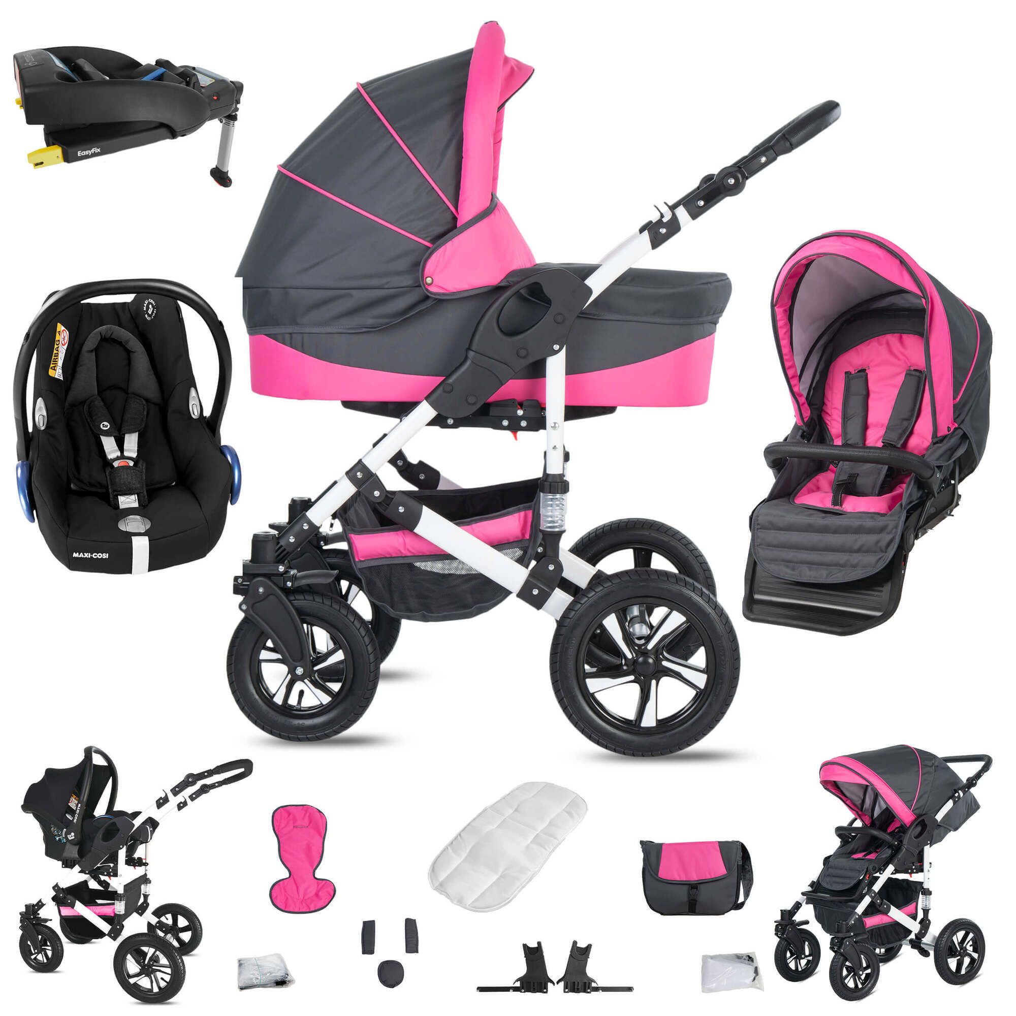 Friedrich Hugo Hamburg 4 in 1 Kinderwagen Set inkl. Maxi Cosi & FamilyFix Station, Luft Grey & Pink