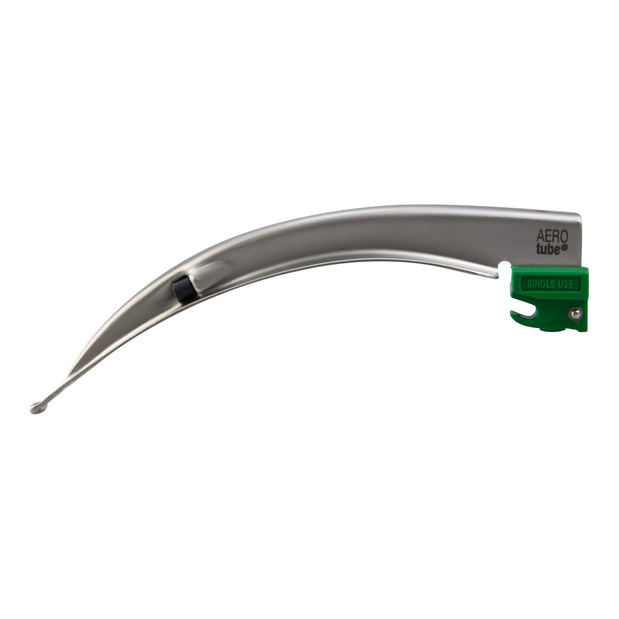 Metall-Laryngoskopspatel, gebogen, mit grünem Kunststoffteil. Marke AERO tube.