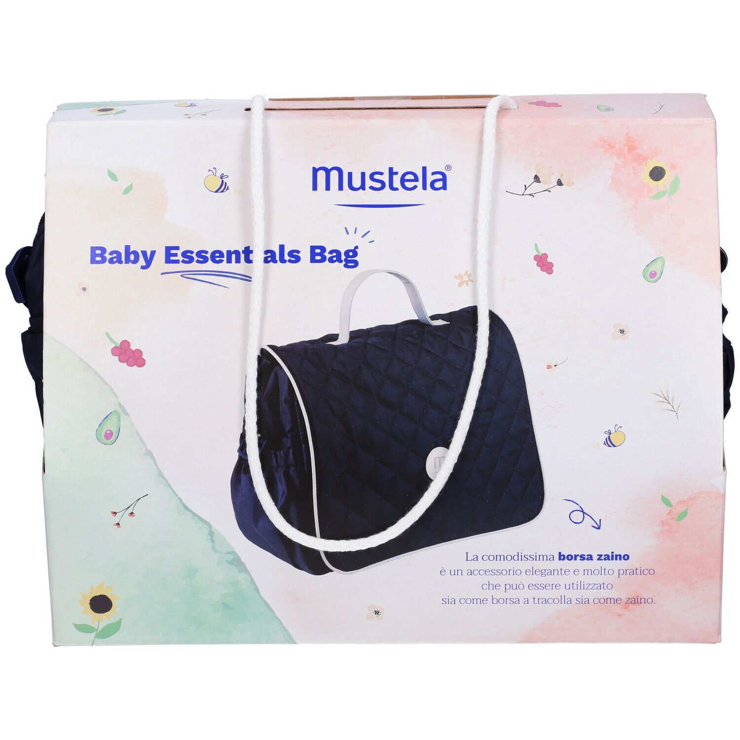 Mustela® Baby Essentials Bag nella confezione. Borsa e testo sulla confezione. Manico bianco.