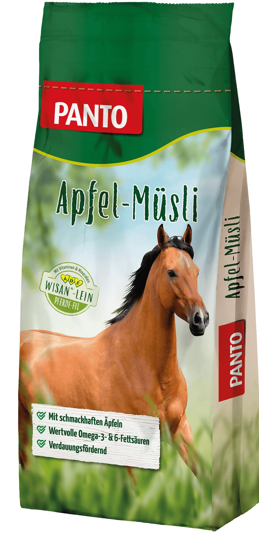 Verpackung von PANTO Apfel-Müsli mit Wisan-Lein. Grün-weiß-braune Tüte mit Produktnamen und Pferd-Illustration.