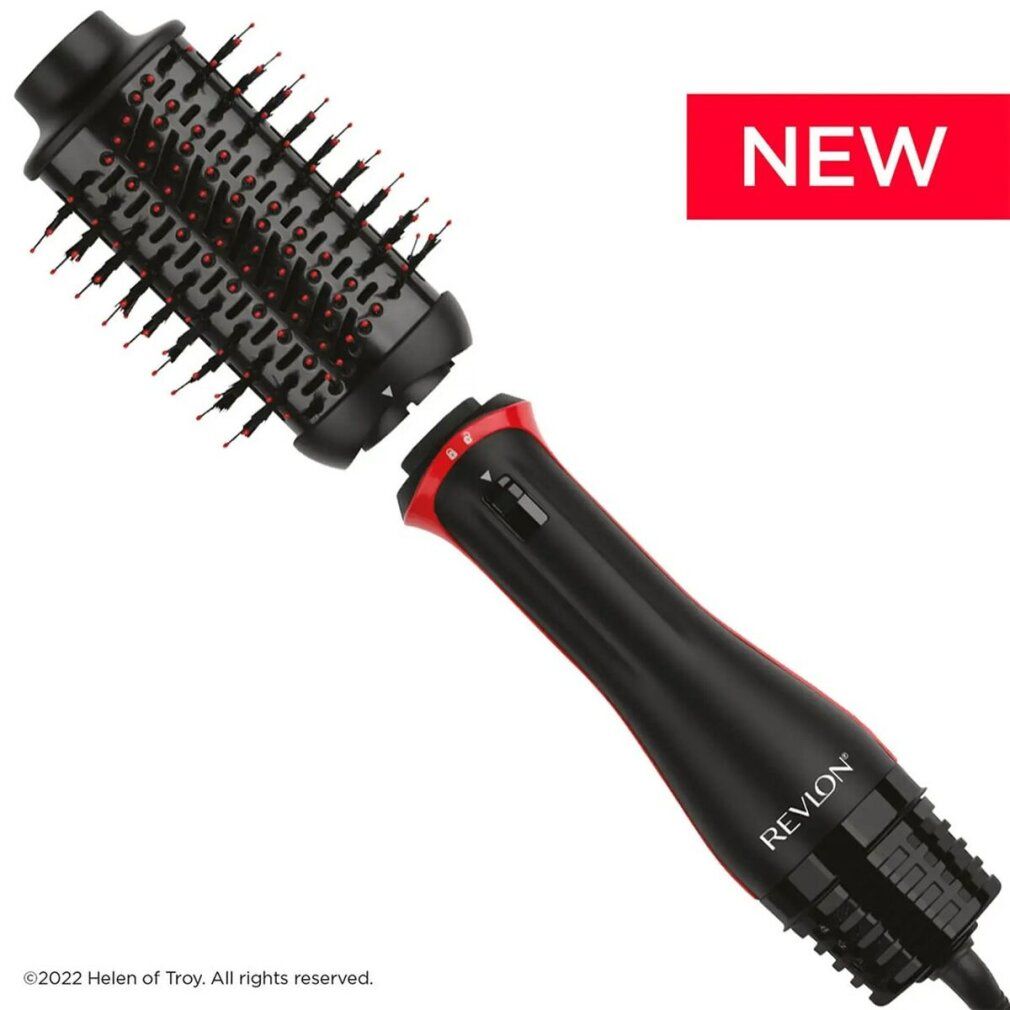 Warmluftbürste. Schwarze Bürste mit roten Akzenten. REVLON-Logo.