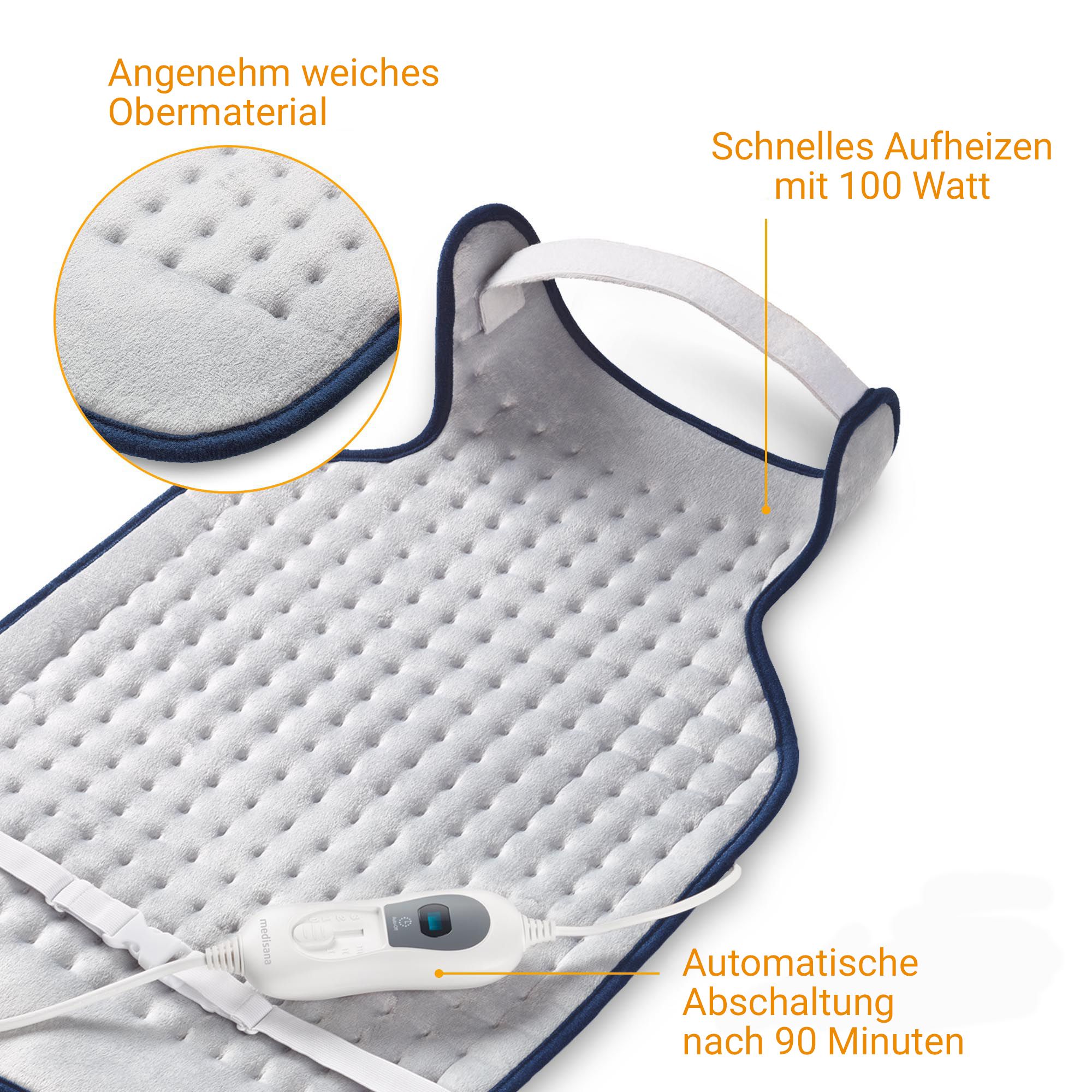 Detailansicht Heizkissen: weiches Obermaterial, schnelles Aufheizen (100 Watt), automatische Abschaltung.