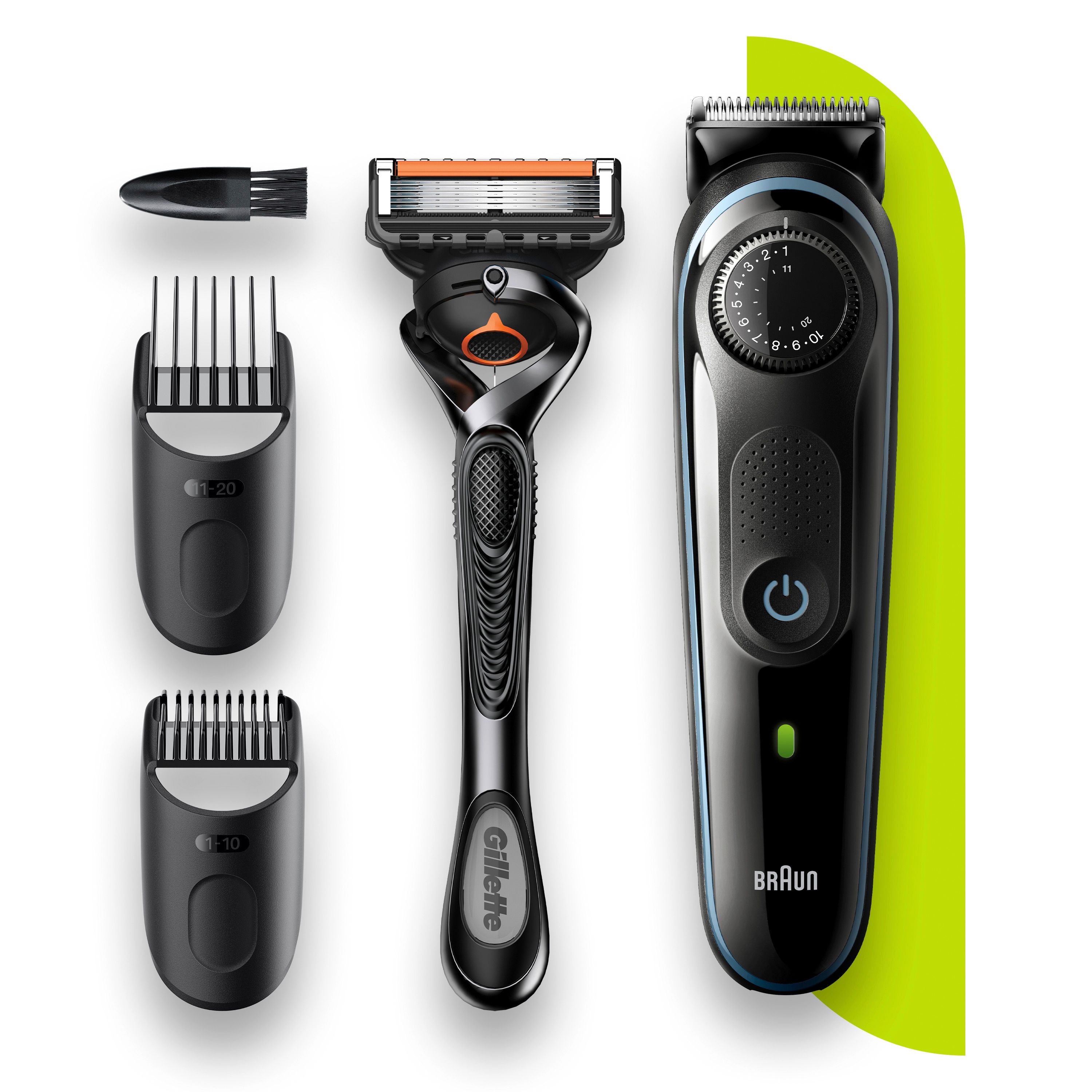 Barttrimmer, schwarz-blau, mit Zubehör: Aufsätze, Rasierer, Bürste. Marke: Braun. Rasierer: Gillette.