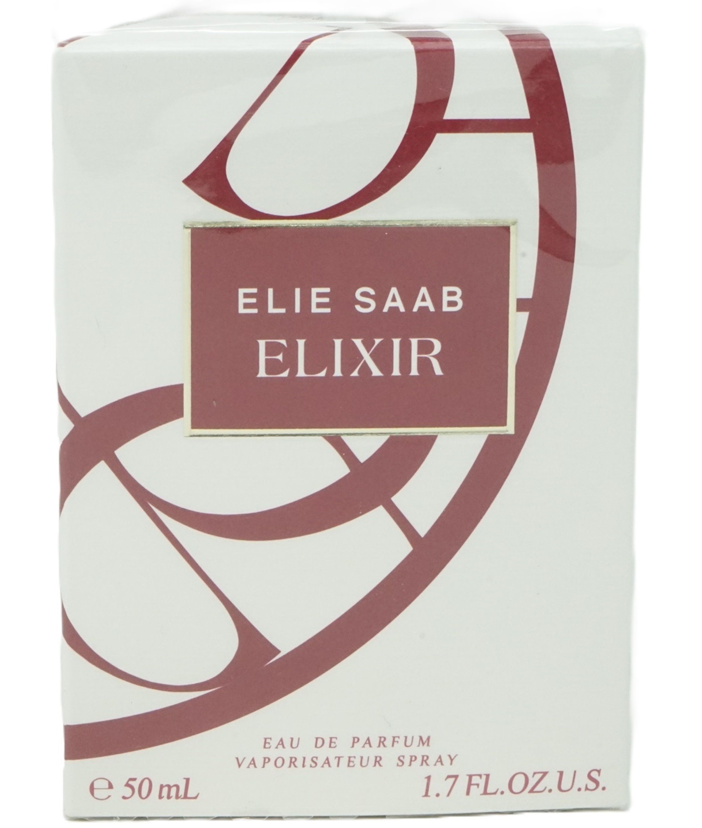 Weiße Schachtel mit rotem Logo und Aufschrift ELIE SAAB ELIXIR. Aufschrift Eau de Parfum, Vaporisateur Spray.